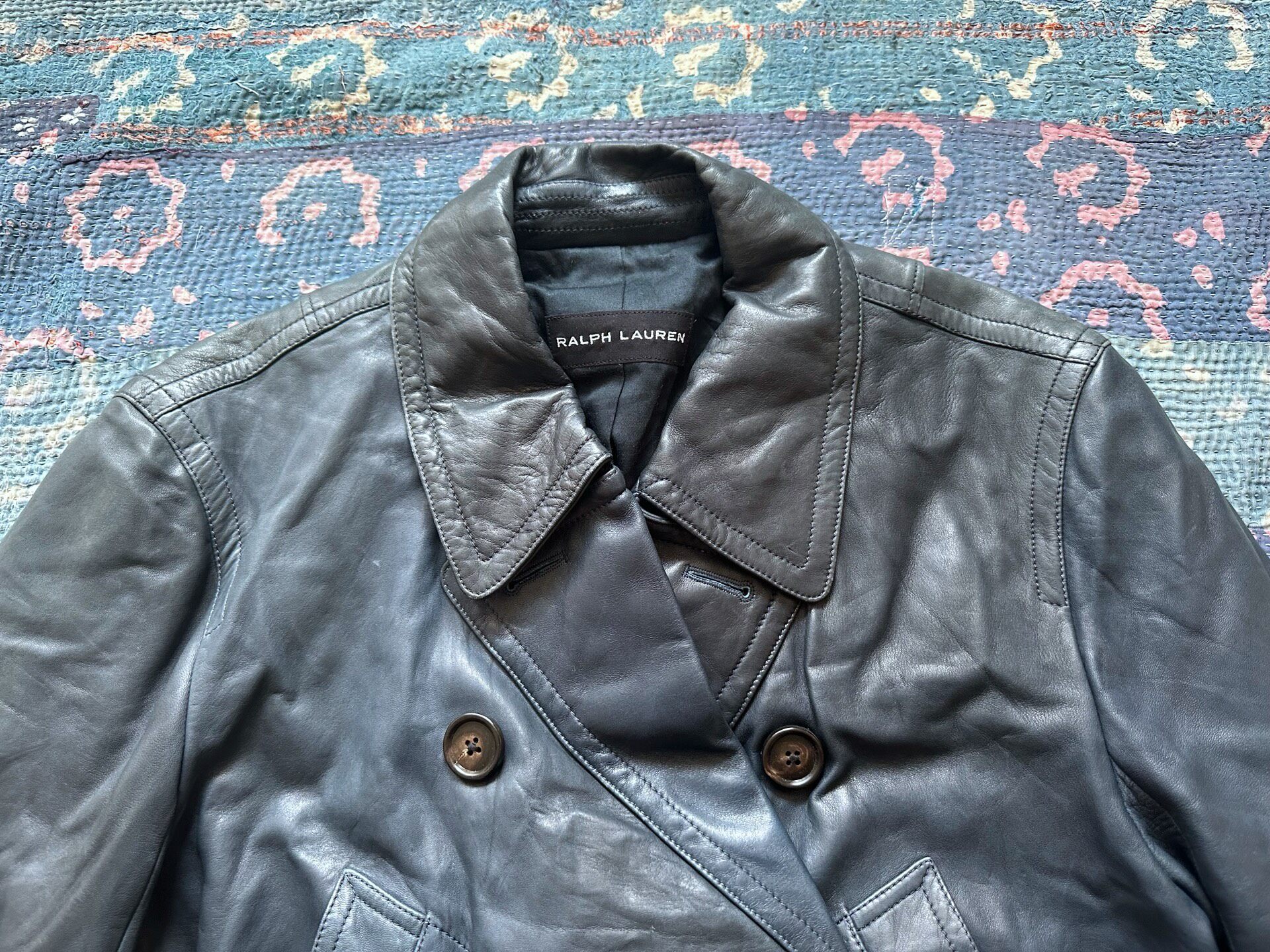 Ralph Lauren RRL Blue-Black Leather Coat — detail