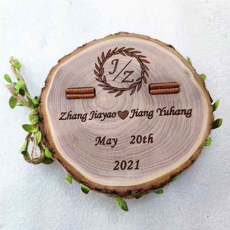 新款定制系户森婚外礼交换戒指托盘原木刻饰字对戒枕拍照道具创意
