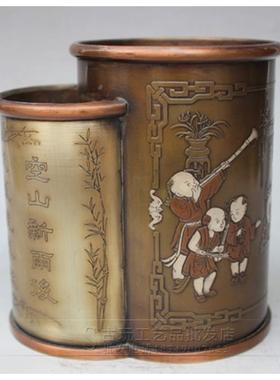 古玩杂项 铜器摆件 复古雕刻杂项黄铜鎏银婴戏图双胞胎笔筒