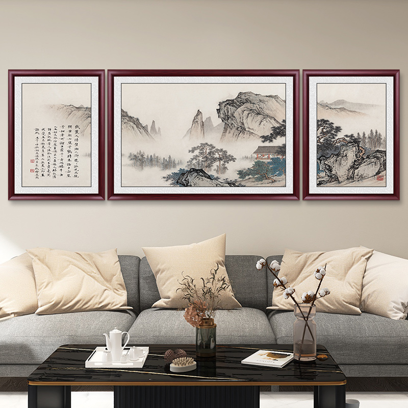 新中式客厅装饰画水墨画三联画沙发背景墙挂画国画山水画书房壁画