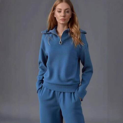 High neck half zipper long sleeved wide leg pants set,