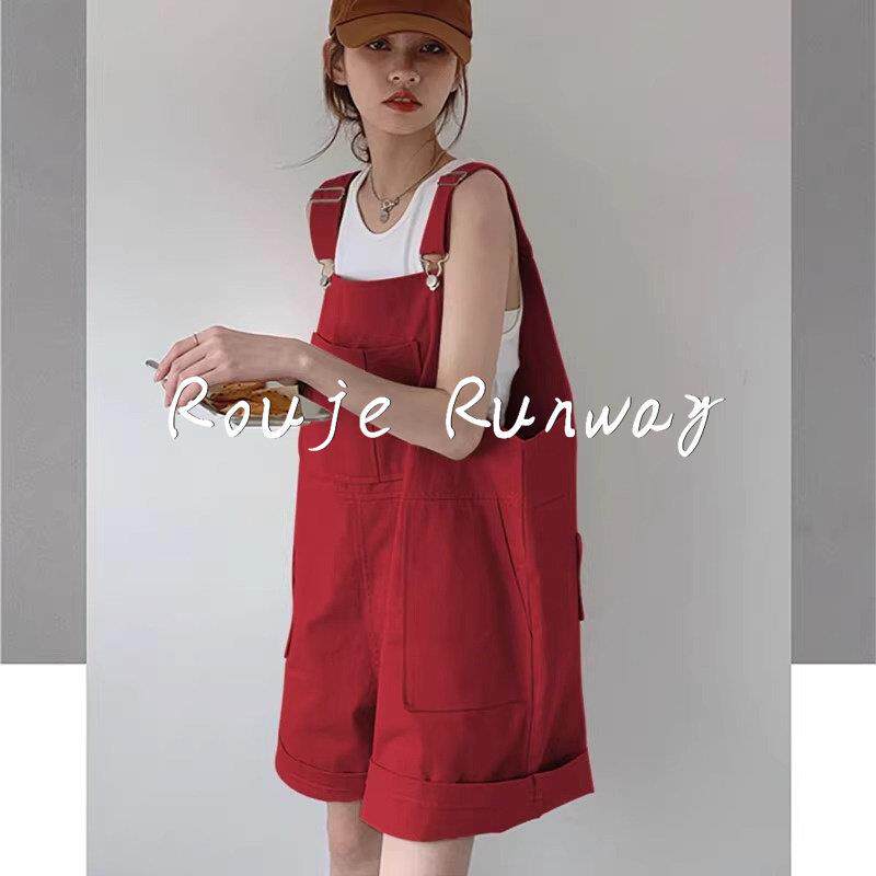法式Rouje Runway玫红色大码牛仔背带短裤女高腰显瘦阔腿裤套装女