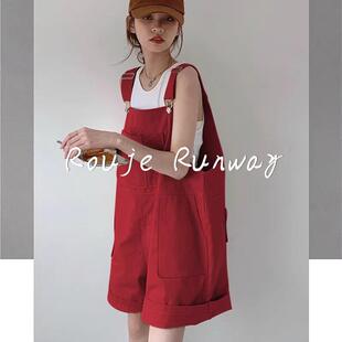 法式Rouje Runway玫红色大码牛仔背带短裤女高腰显瘦阔腿裤套装女