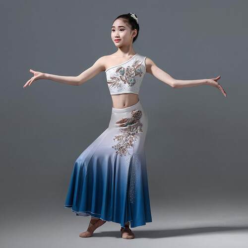 正品傣族舞童蹈装女艺考身包臀鱼尾修裙民族儿童孔雀服舞蹈演出服