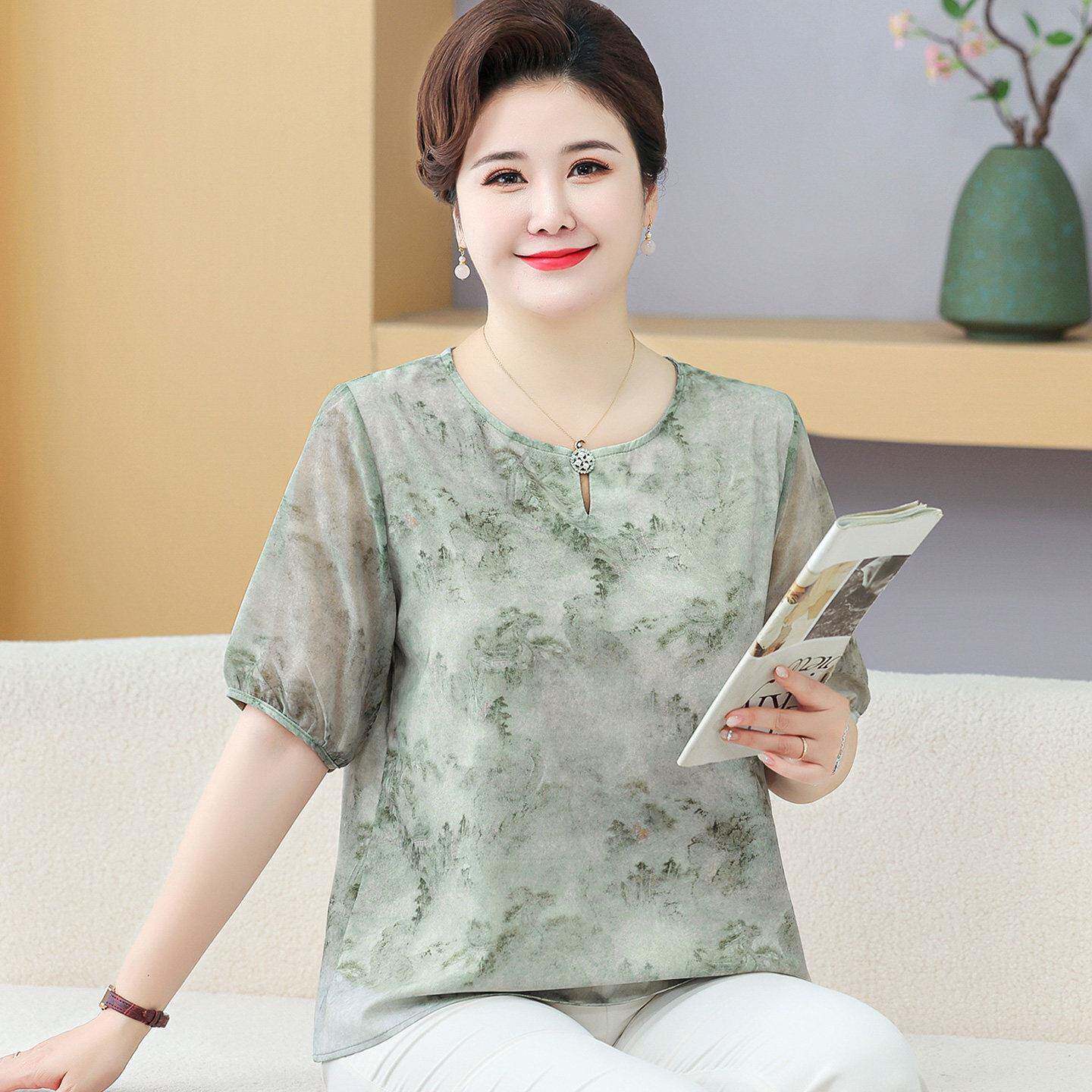 时尚中老年妈妈T恤女短袖加肥加大码夏装桑蚕丝100%印花真丝上衣
