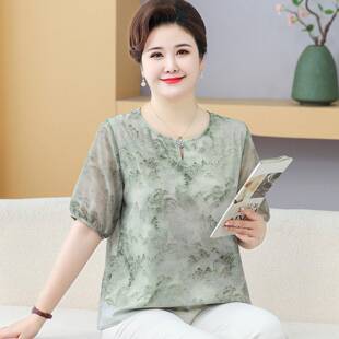 时尚中老年妈妈T恤女短袖加肥加大码夏装桑蚕丝印花真丝上衣