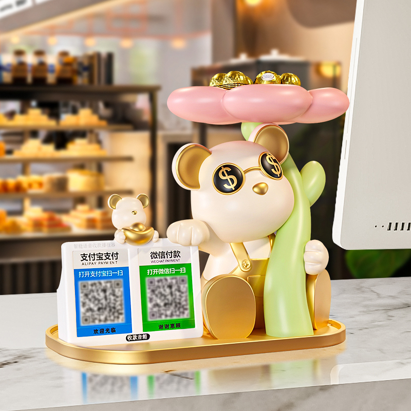 开业大吉礼物暴力熊招财摆件收银台收纳吧台二维码新店前台装饰品