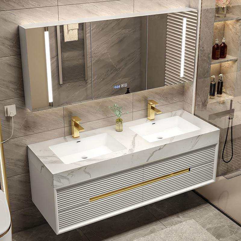 浴室柜岩板无缝一体陶瓷盆组合现代轻奢洗手池橡木洗漱台洗脸双盆