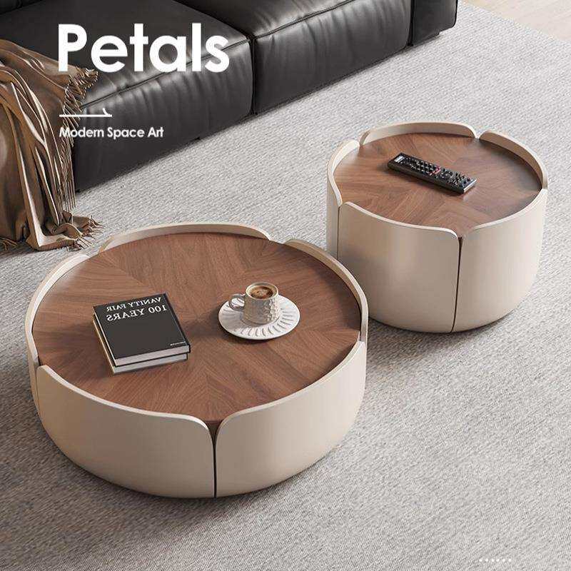 法式中古风茶几小户型简约现代客厅家用胡桃木纹大小圆茶几组合