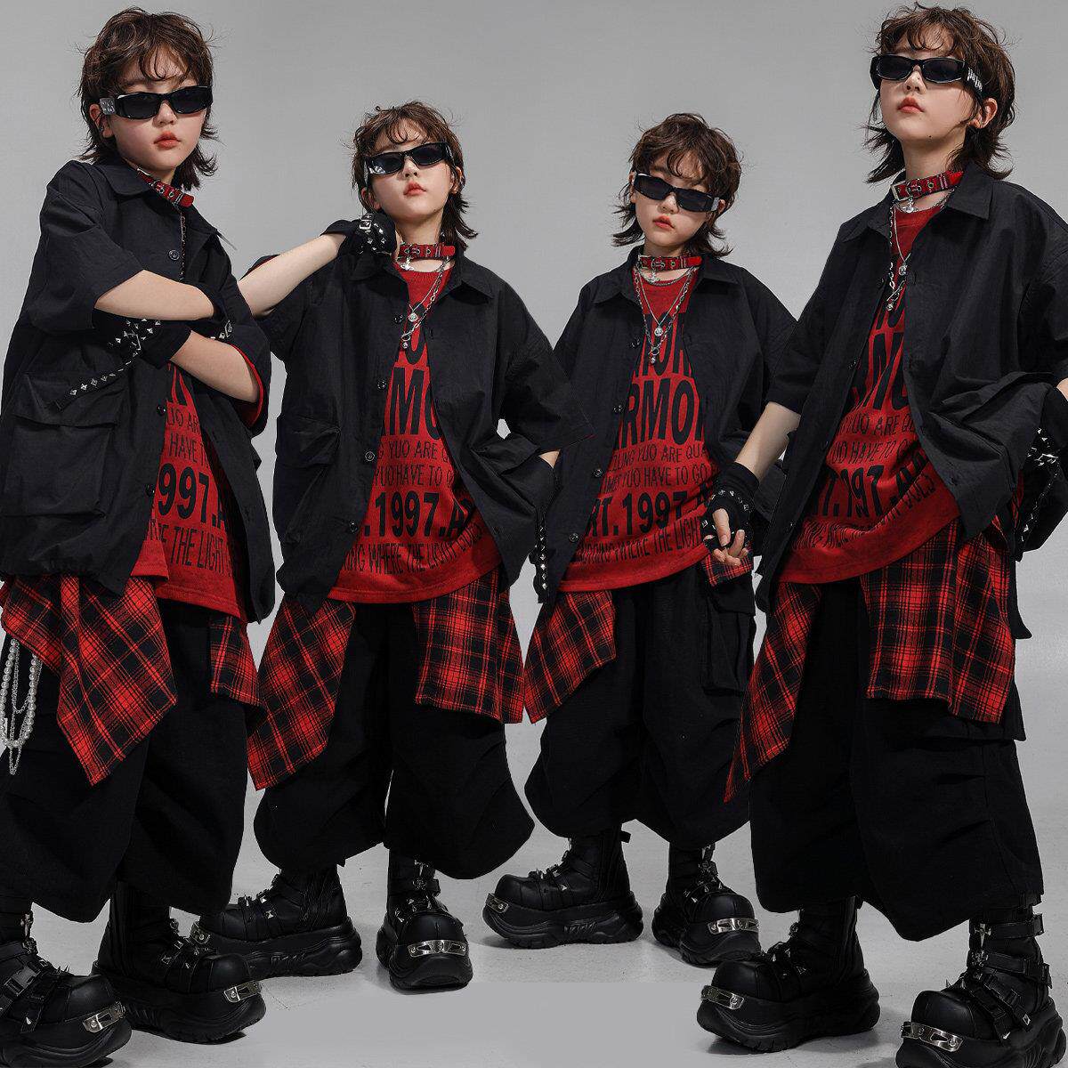 儿童hiphop街舞演出服装男童嘻哈短袖女孩酷帅幼儿街舞表演服套装