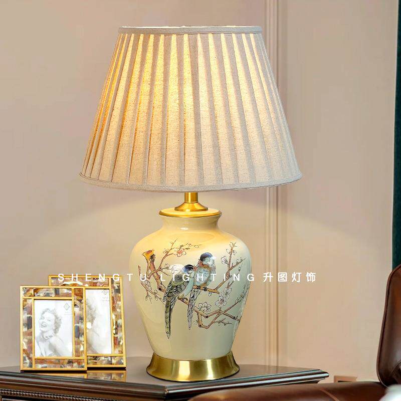 美式陶瓷台灯卧室床头灯家用温馨全铜客厅欧式床头柜婚房房间装饰