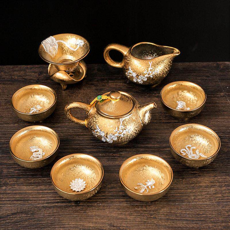 鎏金功夫茶具套装家用办公室轻奢高档泡茶壶镶银茶杯整套文创送礼