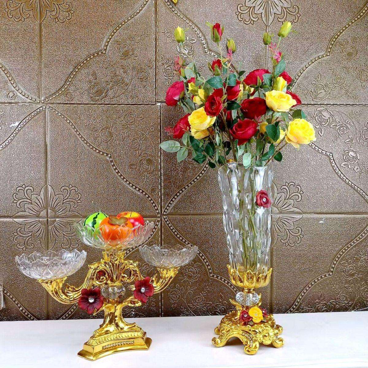 欧式水晶花瓶摆件玫瑰花插花高端家居装饰品果盘餐厅桌面玄关供盘