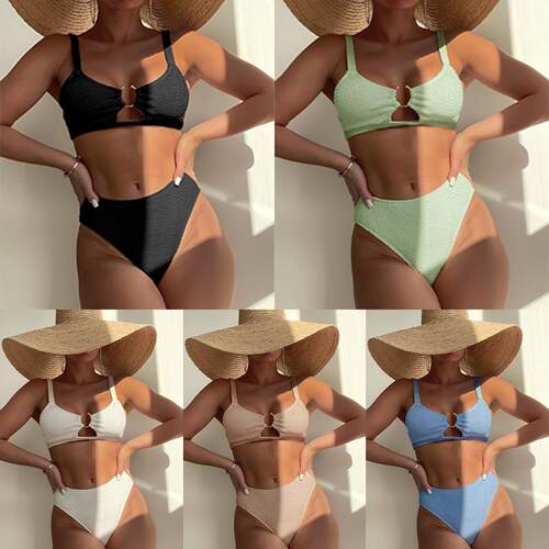 Women'S Textured O-Ring Bikini Set, Casual Scoop Neck Swim