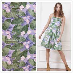 人丝人棉面料起皱缎真数码 蓝底琴叶榕 连衣裙印花布 2021面料 新款