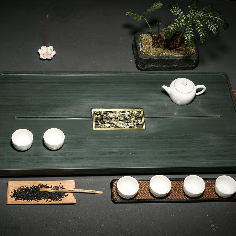绿檀石茶盘简约天然乌金石头茶台茶具托盘套石材实力厂家翠绿有鱼