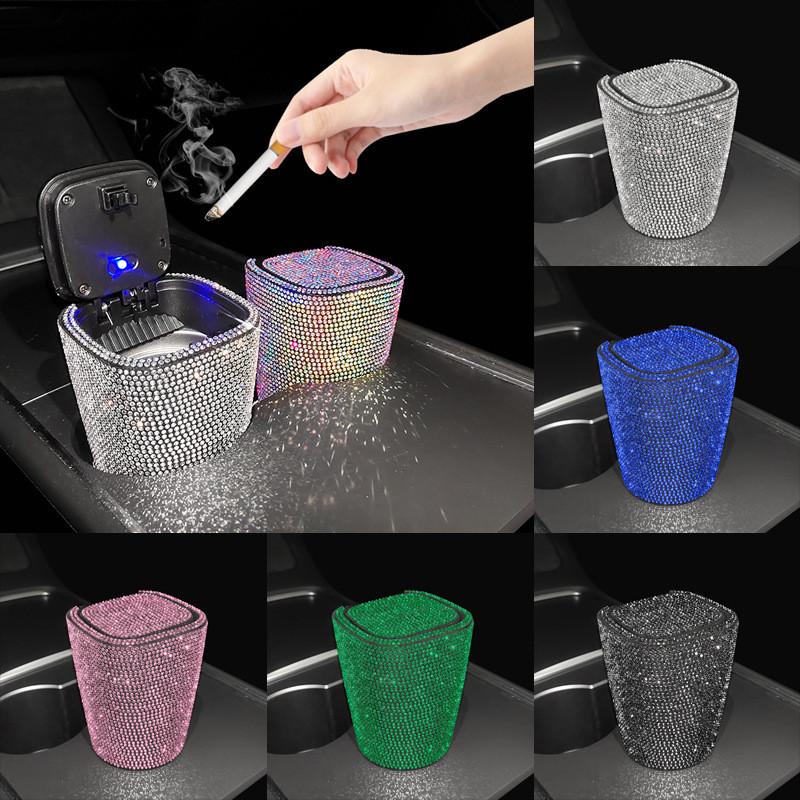 镶钻汽车车载烟灰缸创意有盖出风口悬挂式车内带盖LED灯车用烟缸