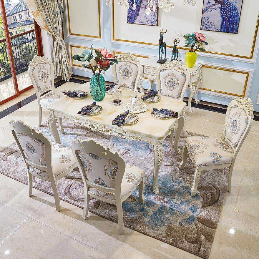 优涵欧式餐桌椅组合简欧大理石全实木餐厅家具茶几套装饭桌子岩板