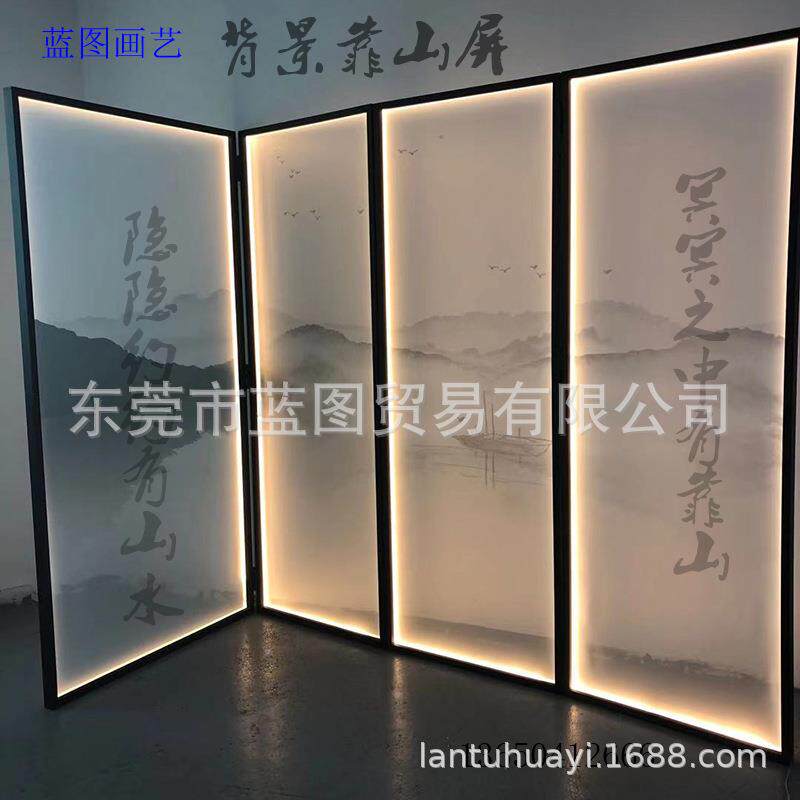 折叠半透明纱画屏风玄关隔断酒店大堂办公商用会议接待室屏风隔断