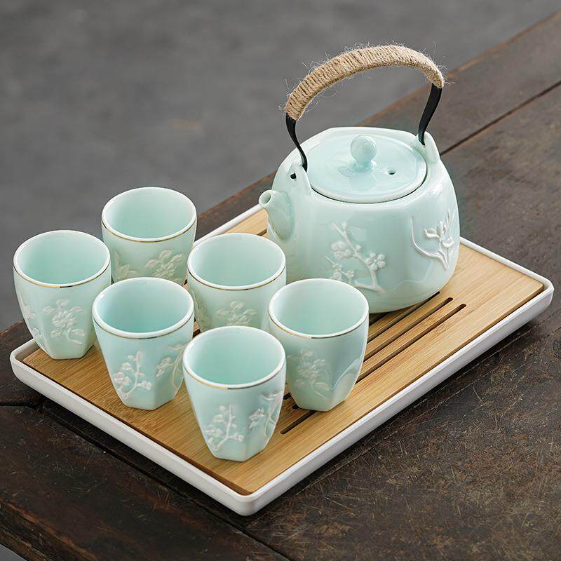 陶瓷泡茶壶茶具套装浮雕梅兰竹菊大容量提梁壶茶杯影青瓷整套