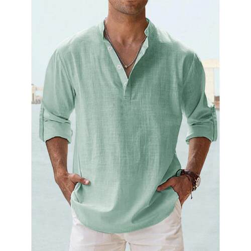 Men's linen stand collar long sleeved T-shirt sweatshirt