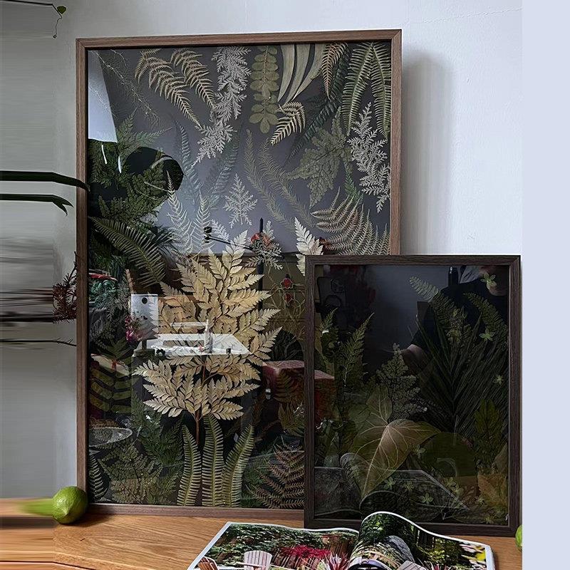 复古植物标本装饰画花卉小清新复古胡桃木押花相框ins黑底压花画