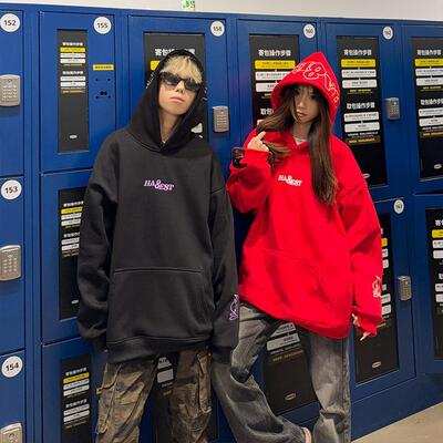 126KID 美式覆古字母火焰刺绣连帽运动衫男女秋冬情侣国潮帽衫外