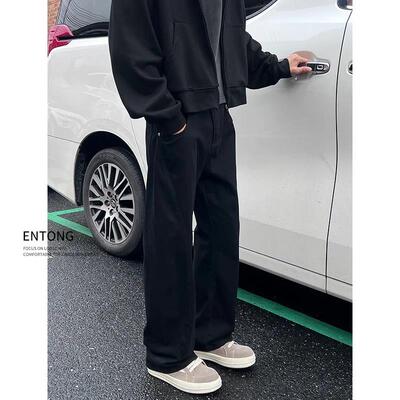 Entong美式高街vibe黑色解构牛仔裤男款春秋季覆古直筒工装长裤子