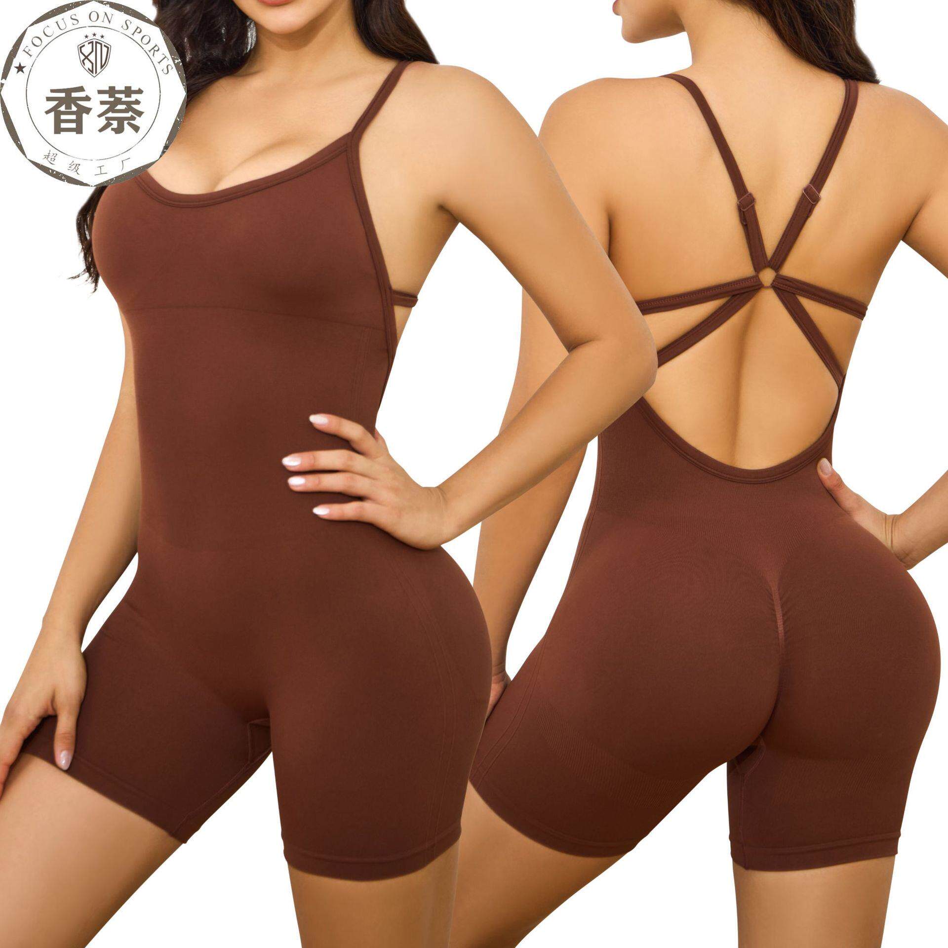 跨境欧美爆款无缝运动健身美背连体瑜伽服紧身收腹高弹提臀连衣服