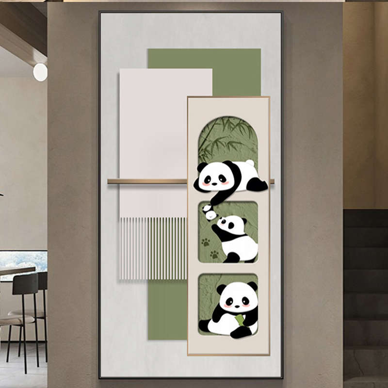 几何抽象奶油风大熊猫入户玄关装饰画可爱萌趣竖版走廊尽头挂画图片