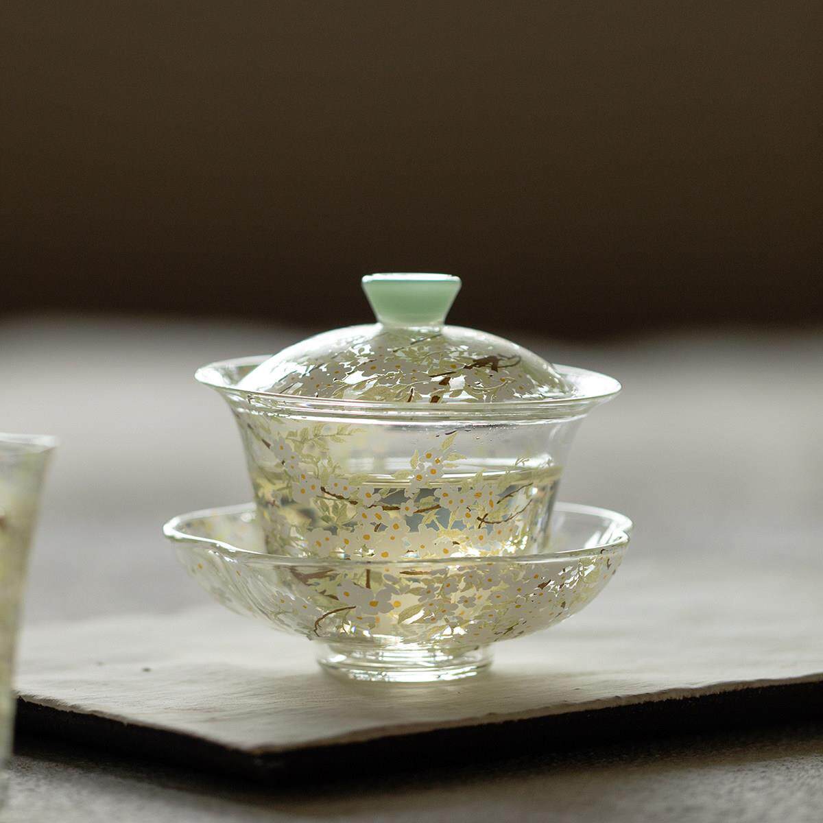 里作梨絮玻璃三才盖碗高硼硅耐热小清新功夫茶具泡茶碗带底托茶碗
