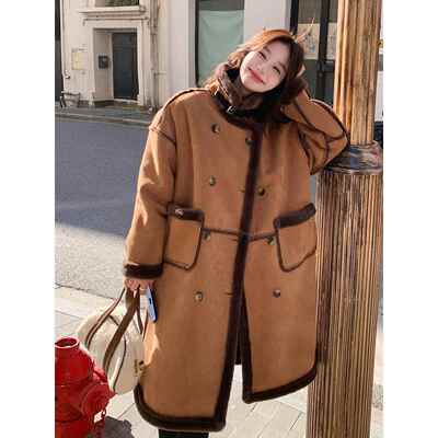 驼色皮毛一体羊羔毛大衣女冬2024新款中长款小个子麂皮绒加厚外套