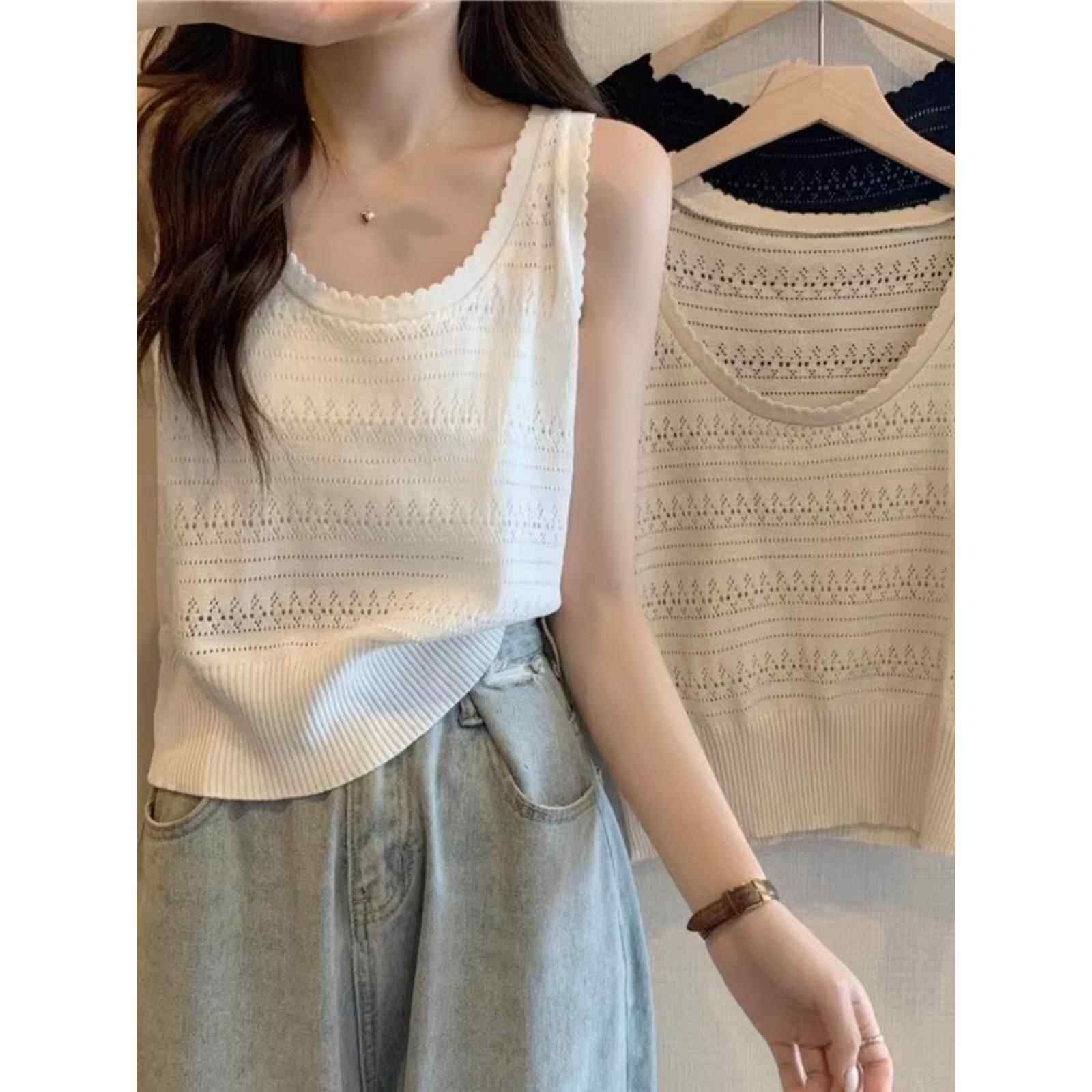镂空针织钩花U领吊带法式慵懒风背心女士无袖上衣夏季薄款外穿