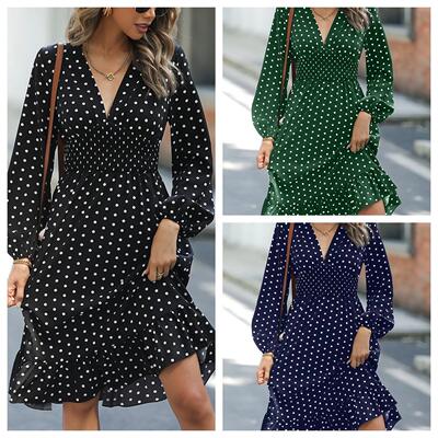 Women's Polka Dot Print Ruffle Hem A Line Dress Casual V