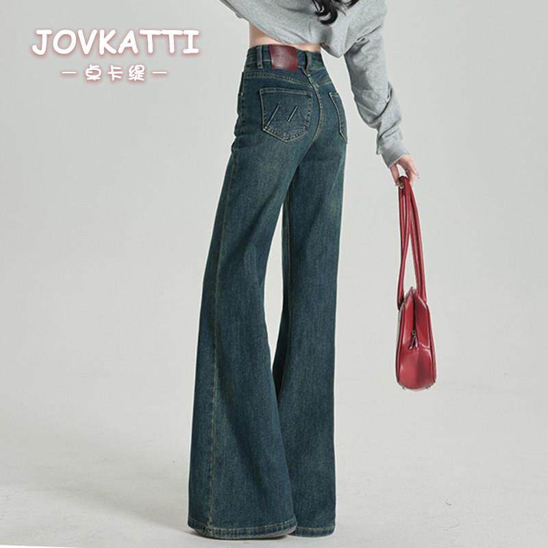 JOVKATTI复古港风加绒微喇牛仔裤女高腰秋冬季新款显瘦喇叭马蹄裤