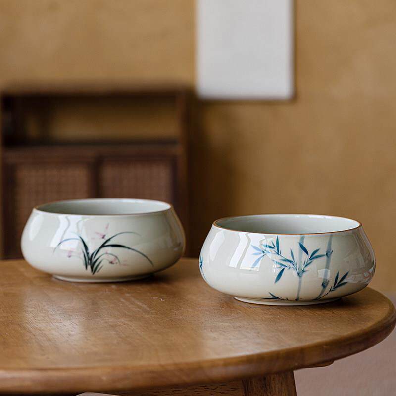 画画洗续木灰手绘竹子水茶洗缸建水盂水手绘兰花陶瓷家用茶道配草