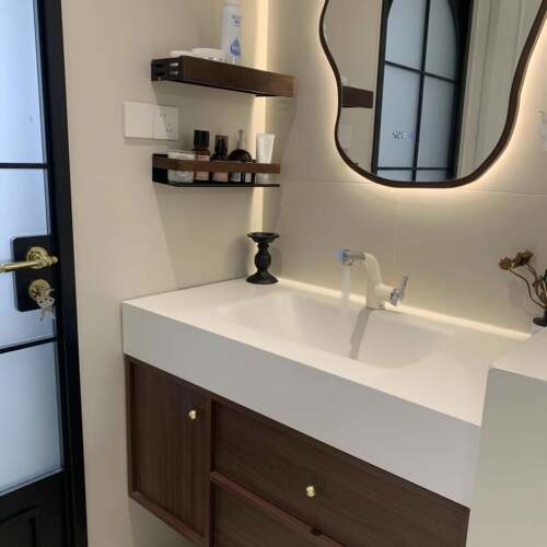 浴室柜中古风岩板热弯一体盆橡木组合洗手洗脸洗漱台定制