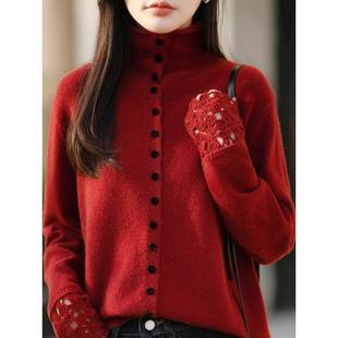 秋冬洋气高领纽扣复古针织衫 百搭毛衣蕾丝拼接上衣休1219e 女长袖