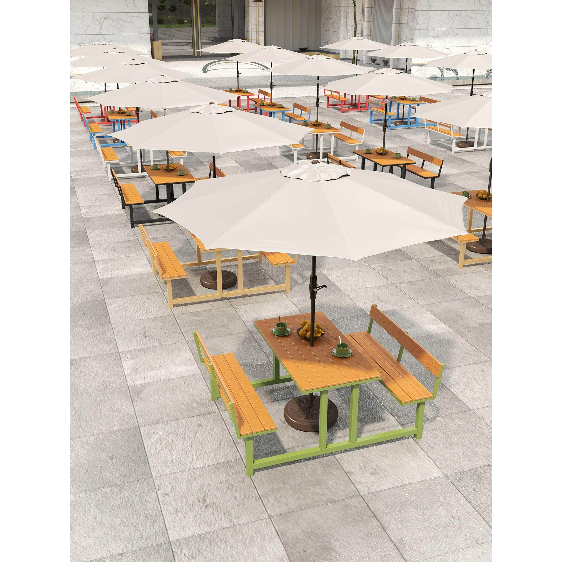 户外连体靠背桌椅组合网红奶茶店庭院室外食堂塑木带伞一体餐桌椅