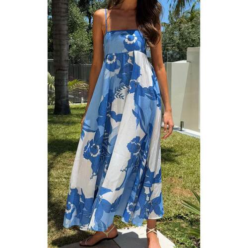 A 81109 Women's printed backless high waist dress 女印花露背