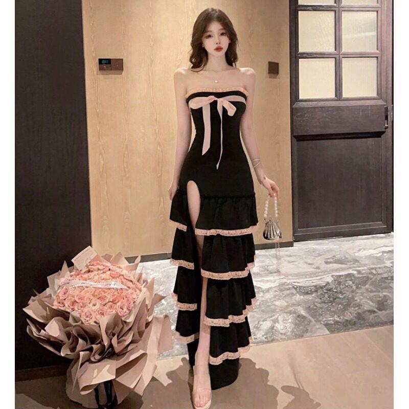 蝴蝶结一字领设计感小众晚礼服裙抹胸高腰木耳边修身开叉连衣裙女