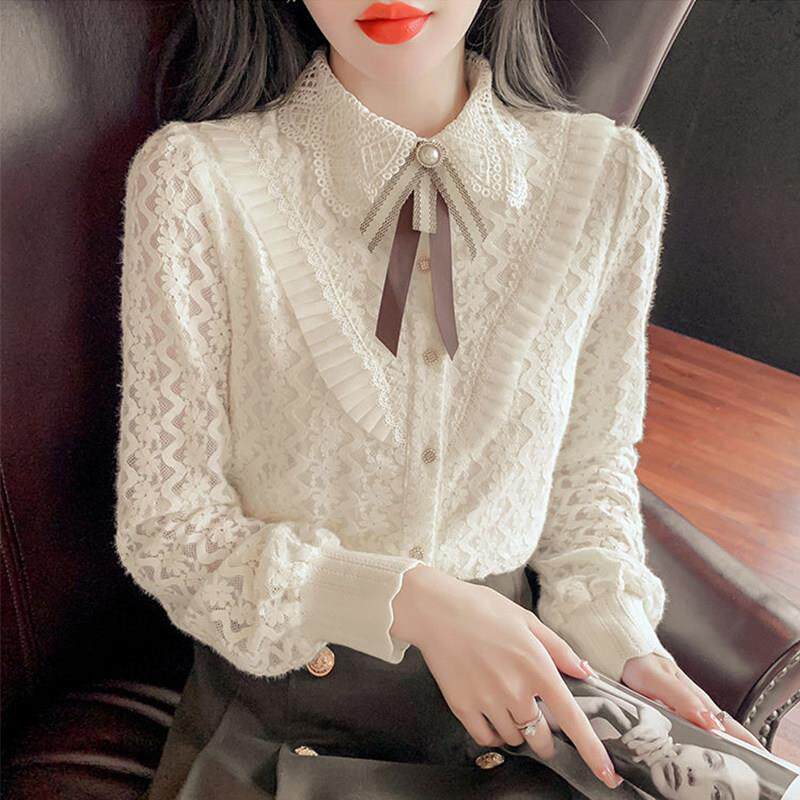 蕾丝打底衫女秋冬洋气2025新款内搭娃娃领设计感小衫加绒衬衫上衣