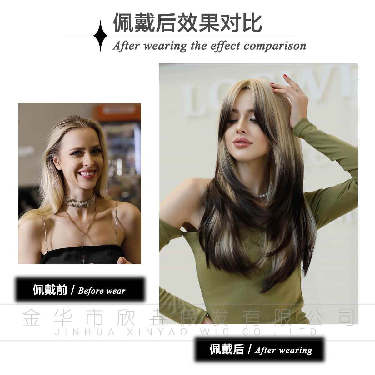 新款直销爆款外贸假发层次女长发渐变长卷发欧美化纤假发头套棕色