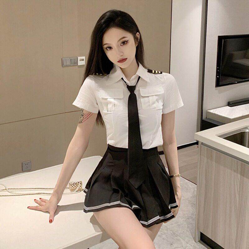 网红炸街性感气质制服领带衬衫上衣高腰字短裙冷淡系两件套装女