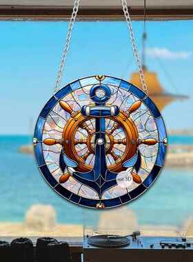 跨境新品海洋轮船高塔2D亚克力彩膜炫光彩色悬挂窗饰门廊装饰品