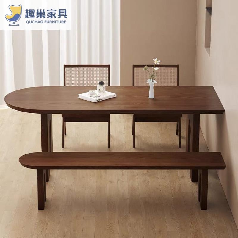 实木餐桌家用小户型饭桌法式中古风靠墙半圆形餐台洽谈接待长桌