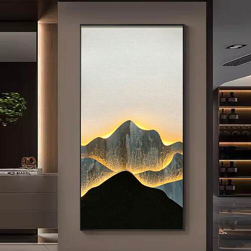 中式山水LED玄关装饰画轻奢高档立体岩板带灯挂画靠山招财入户画