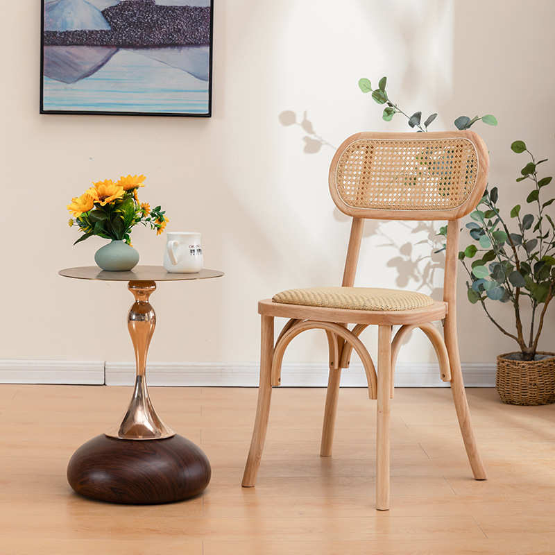 北欧实木藤编椅子家用复古小户型咖啡厅靠背休闲椅藤编法式餐椅