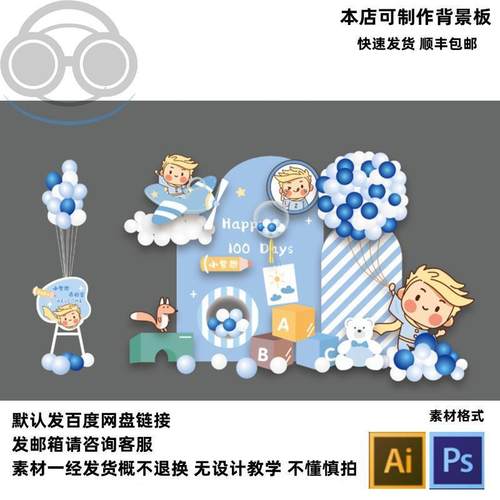 浅蓝色小王子主题宝宝宴满月百天周岁生日派对飞机气球制作素材PS
