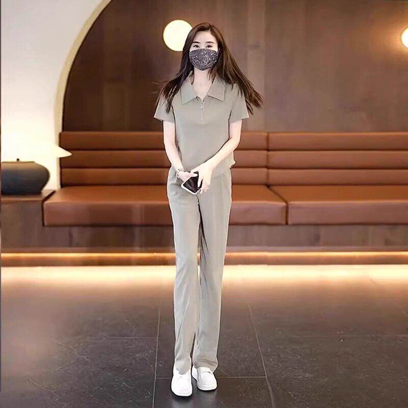 时尚运动套装女款2026夏季新款洋气减龄冰丝短袖阔腿裤休闲两件套